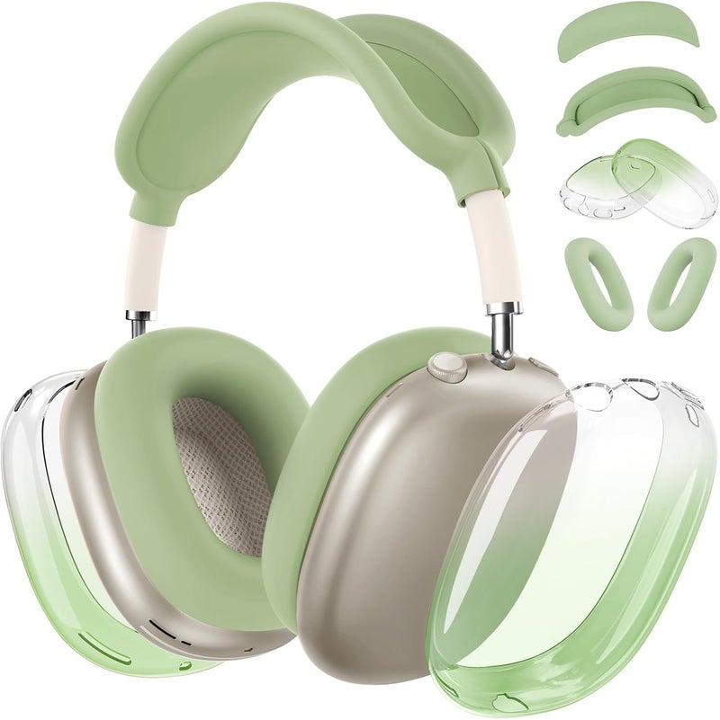 MINDRESY [4 in 1] Silicone Case Cover for AirPods Max, Clear Gradient Soft TPU Ear Cups Cover/Ear Pad Case Cover/Headband Cover Transparent Accessories for Apple AirPods Max (2024/2020)(USB-C/Lightning), Green - Image 1